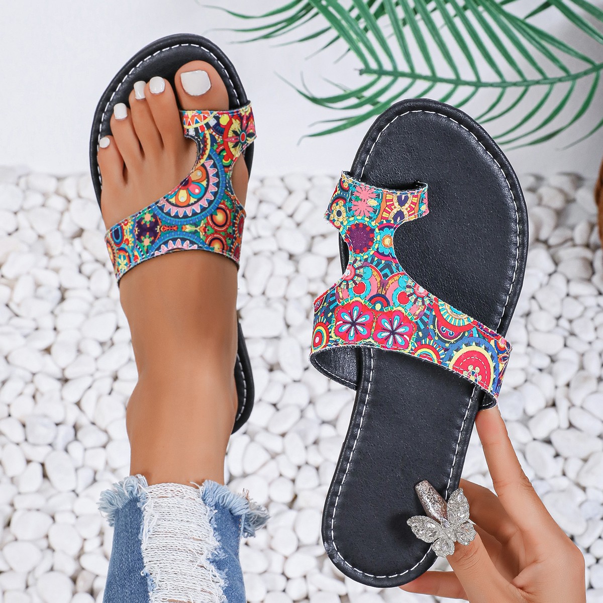 Women'S Ethnic Fashion Brands - Sandálias Rasteiras Étnicas de Largura Ampla