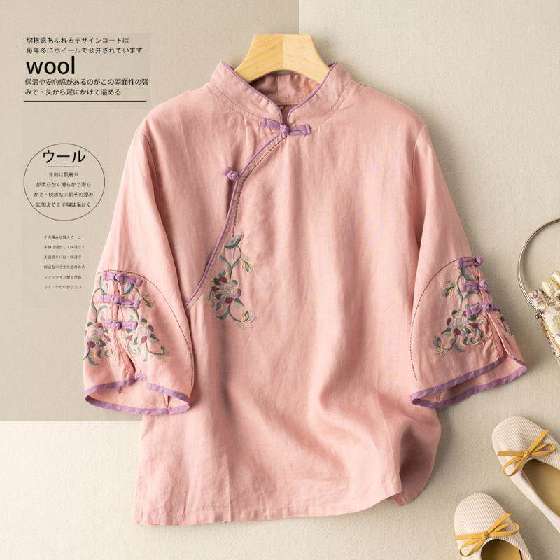 Ethnic Style Dresses - Camisa chinesa bordada de algodão e